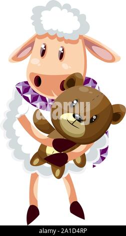 Sheep with teddy bear, illustration, vector on white background. Stock Vector