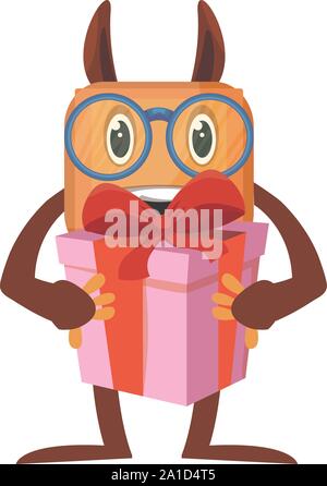Monster with birthday present, illustration, vector on white background. Stock Vector