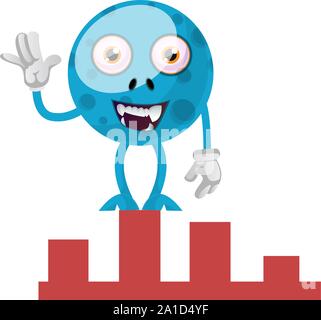 Funny cartoon blue monster waving his hand happily. A fictional ...