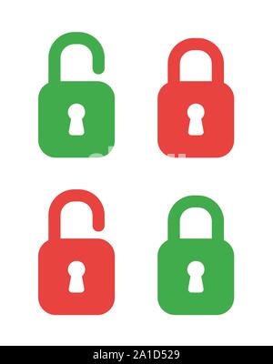 Vector icon set of padlocks opened and closed. Flat color style. Stock Vector