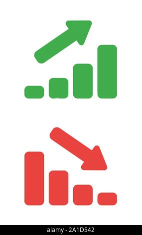 Vector icon set of sales bar graphs moving up and down. Flat color style. Stock Vector