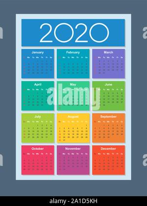 Colorful year 2020 calendar. Week starts on Sunday. Vertical calendar design template. Isolated vector illustration. Stock Vector