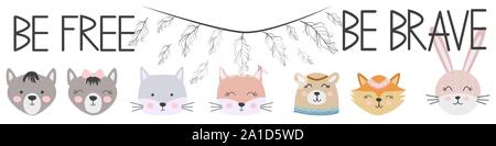Banner Free, Wild, Brave with animals Cat, wolf, bear, fox, rabbit and feathers, arrows in the Scandinavian style. Children's set Stock Vector