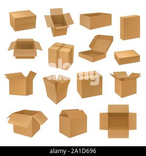 Set of isolated isometric 3d carton boxes. Stock Vector