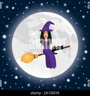 Happy Halloween on a moonlight background witch with a cat in a dark twilight night Stock Vector