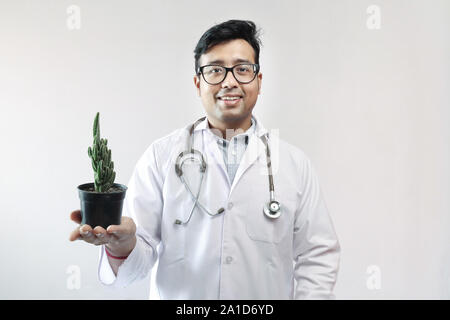 male indian doctor in white coat and stethoscope with a cactus plant on a pot Stock Photo