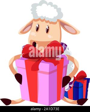 Sheep with gift, illustration, vector on white background. Stock Vector