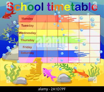 Design of the school timetable for kids. Bright underwater background for the planning of the school week Stock Vector