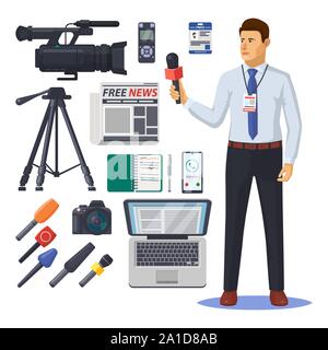 News reporter with microphone. Journalism item Stock Vector