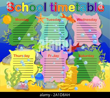 Design of the school timetable for kids. Bright underwater background for the planning of the school week Stock Vector