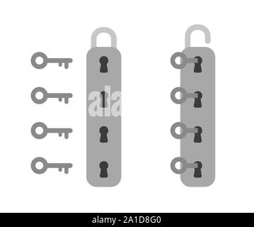 Vector icon set of padlock with four keyholes and keys and unlocked. Flat color style. Stock Vector