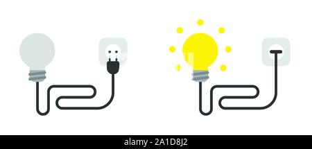 Vector icon set of light bulb with cable, plug and plugged into outlet and glowing. Flat color style. Stock Vector