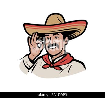 Mexican man in sombrero logo. Cartoon vector illustration Stock Vector