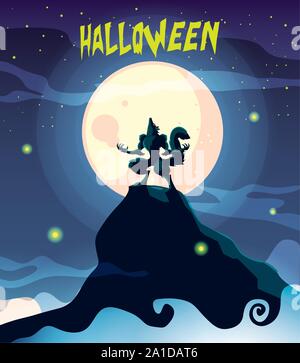 wolf howling in scene of halloween vector illustration design Stock Vector