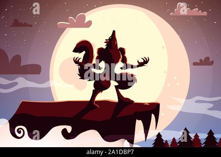wolf howling in scene of halloween vector illustration design Stock Vector
