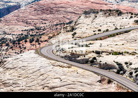 High angle view of winding road highway 12 scenic byway from head of the rocks overlook in Grand Staircase Escalante National Monument in Utah Stock Photo