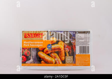 Alberton, South Africa - a packet of Eskort mediterranean pork sausages isolated on a clear background image with copy space in horizontal format Stock Photo