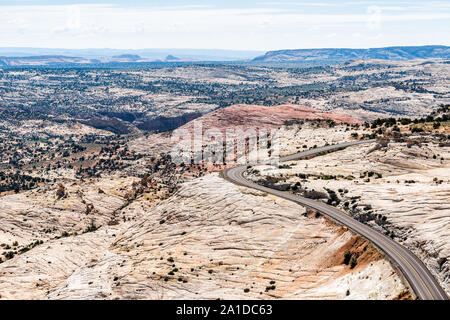 High angle aerial view of winding curve on road highway 12 scenic byway from head of the rocks overlook in Grand Staircase Escalante National Monument Stock Photo