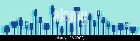 Cables with different plugs like HDMI, USB, ethernet for technology concept vector Stock Vector