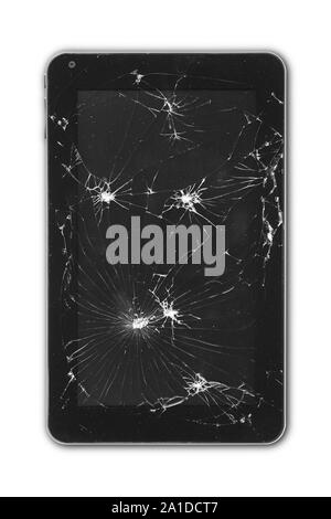 Tablet with damaged screen isolated on white. Repair equipment. Crash Stock Photo