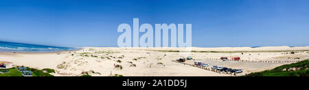 Aerial panorama of Stockton beach at midday. Anna Bay, New South Wales, Stock Photo