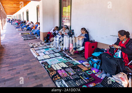 Santa Fe city, New Mexico USA. May 15, 2019. Native American market, Indian vendors selling their products in Santa Fe downtown Stock Photo