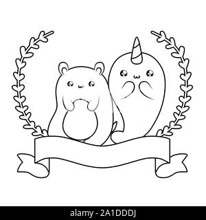 cute narwhal with bear baby animals kawaii vector illustration design Stock Vector