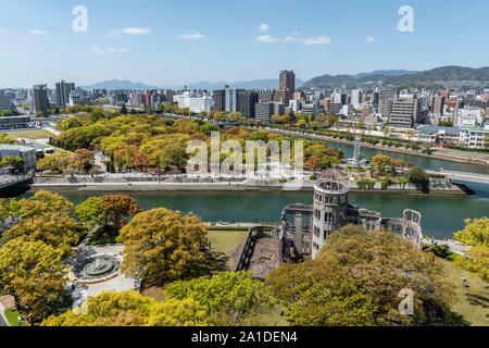 Panoramic view from Hiroshima Orizuru Tower over the city with atomic bomb dome, Atomic Bomb Dome, and Hiroshima Peace Park, Peace Monument Stock Photo