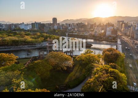 Panoramic view from Hiroshima Orizuru Tower over the city with atomic dome, Atomic Bomb Dome, and Hiroshima Peace Park, Peace Monument, Hiroshima Stock Photo