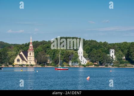 View over the bay Mahone Bay with three churches, United Churches Mahone Bay, St. John's Lutheran Church and St. James Anglican Church, Lunenburg Stock Photo