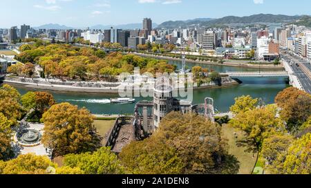 Panoramic view from Hiroshima Orizuru Tower over the city with atomic bomb dome, Atomic Bomb Dome, and Hiroshima Peace Park, Peace Monument Stock Photo