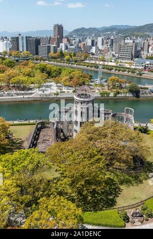 Panoramic view from Hiroshima Orizuru Tower over the city with atomic bomb dome, Atomic Bomb Dome, and Hiroshima Peace Park, Peace Monument Stock Photo