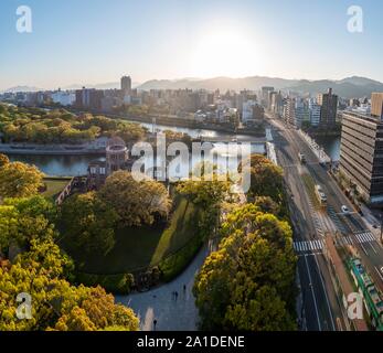 Panoramic view from Hiroshima Orizuru Tower over the city with atomic bomb dome, Atomic Bomb Dome, and Hiroshima Peace Park, Peace Monument Stock Photo