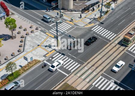 View of intersection from above, bird's eye view, Hiroshima, Japan Stock Photo