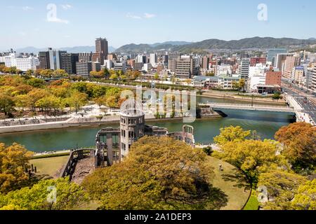 Panoramic view from Hiroshima Orizuru Tower over the city with atomic bomb dome, Atomic Bomb Dome, and Hiroshima Peace Park, Peace Monument Stock Photo