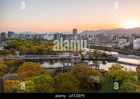 Panoramic view from Hiroshima Orizuru Tower over the city with atomic dome, Atomic Bomb Dome, and Hiroshima Peace Park, Peace Monument, Hiroshima Stock Photo