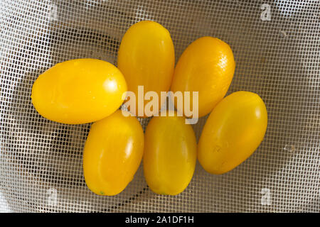 Yellow pear shaped Tomatoes in a drainer Stock Photo