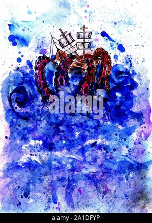 Giant octopus catches sail ship, grunge watercolor illustration. Stock Photo