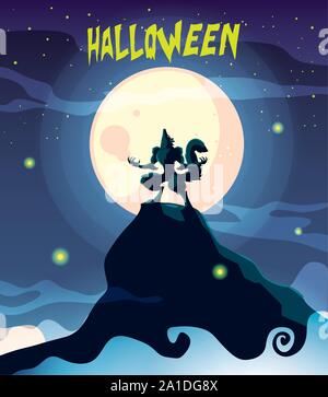 wolf howling in scene of halloween vector illustration design Stock Vector