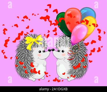 Invitation card with cute cartoon Hedgehogs in love with Heart and ...