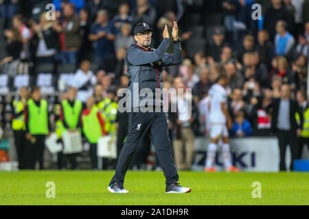 Jurgen Klopp (Manager) of Liverpool applauds the away supporters after the Carabao Cup match between MK Dons and Liverpool at stadium:mk, Milton Keynes, England on 25 September 2019. Photo by David Horn. Stock Photo