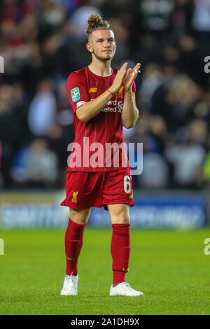 Harvey Elliott of Liverpool applauds the away supporters after the Carabao Cup match between MK Dons and Liverpool at stadium:mk, Milton Keynes, England on 25 September 2019. Photo by David Horn. Stock Photo