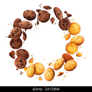 Round frame made of falling broken chip cookies isolated on white background Stock Photo