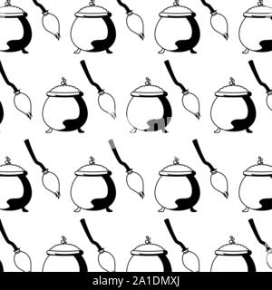 pattern of cauldron with broom vector illustration design Stock Vector