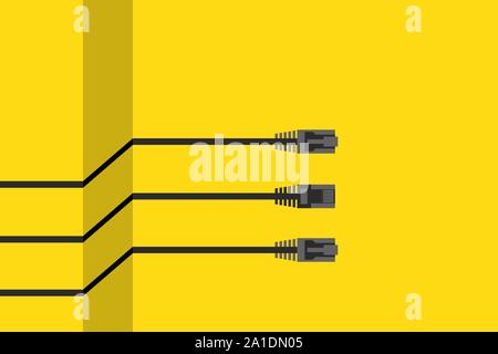 Modern vector design of 3 ethernet cables on yellow with copy space Stock Vector