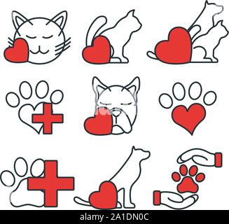 Set of Animal Care Icon. Concept for Healthcare Medicine and Pet Care. Outline and Black Domestic Animal. Pets Symbol, Icon and Badge. Simple Vector i Stock Vector