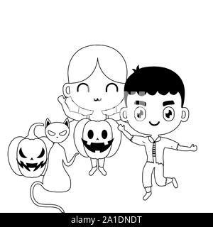 cute children disguised with icons halloween vector illustration design Stock Vector