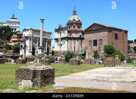 View of the Roman Forum looking towards the Arch of Septimus Severus, and the Senate Building. Stock Photo