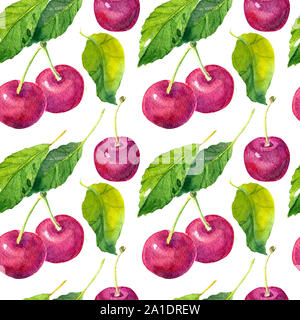 Sweet red ripe cherries isolated on white background. illustration. handmade watercolor Stock Photo