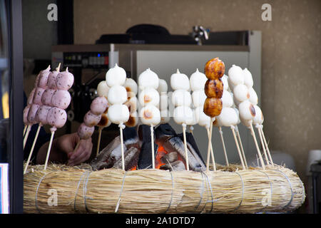 Dango or Japanese dumpling and sweet made from mochiko for sale travelers in Naritasan Omote Sando or Narita old town at Chiba Prefecture on March 31, Stock Photo